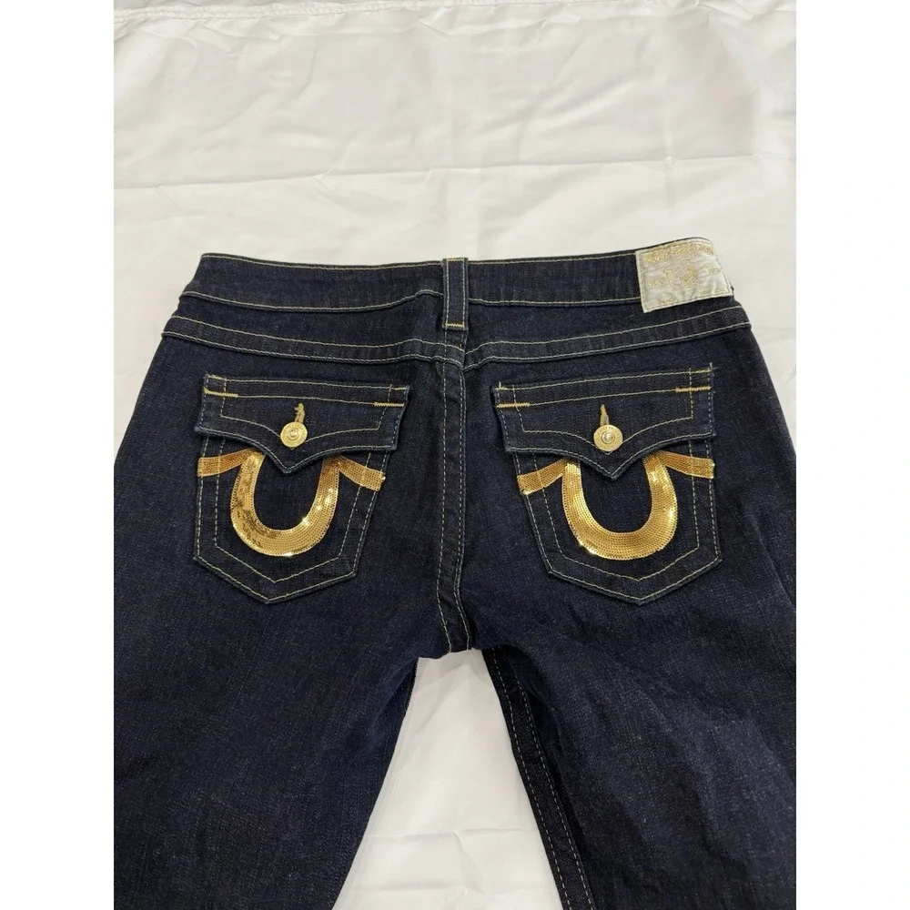 Women's True Religion High-Rise Bootcut Dark Wash Flap Pocket Thick Stitch Sz 32